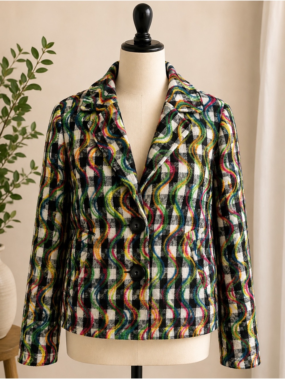 Vintage-Inspired Rainbow Wave Plaid Jacket Blazer Artsy Retro Coat M